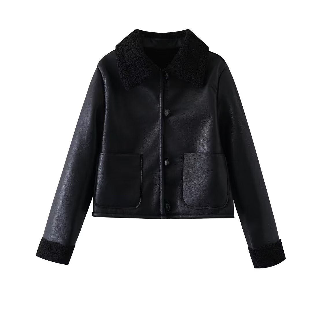 Manteau en cuir avec boucle d'anneau pour femme, noir, court