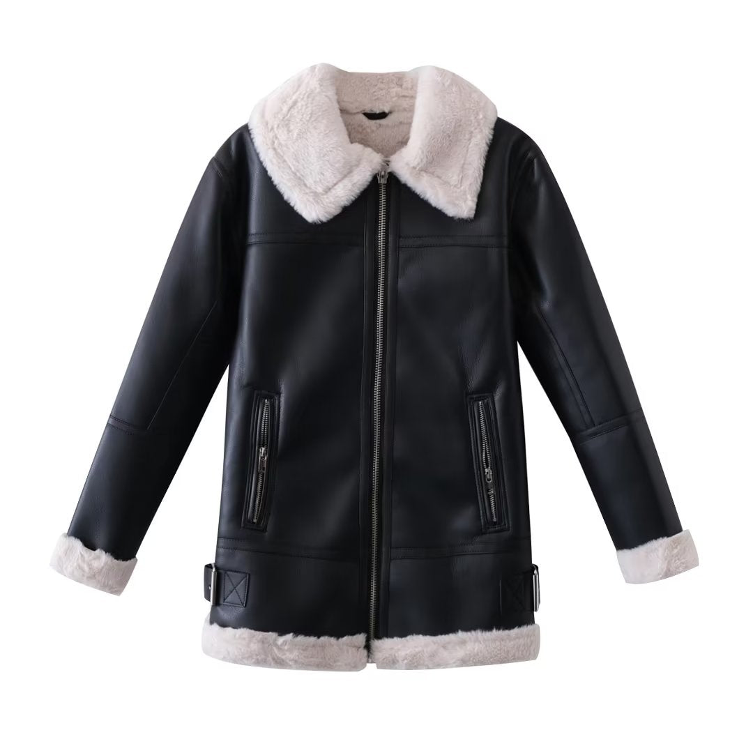 Women Faux Shearling Jacket Long Double Sided Padded Jacket