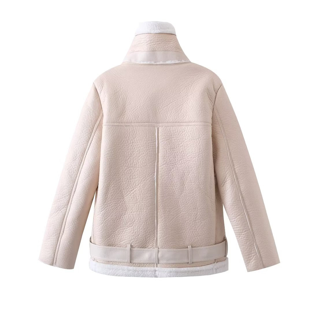 Women Clothing Loose Faux Shearling Jacket Stand Collar All Matching Long Sleeved Jacket Coat