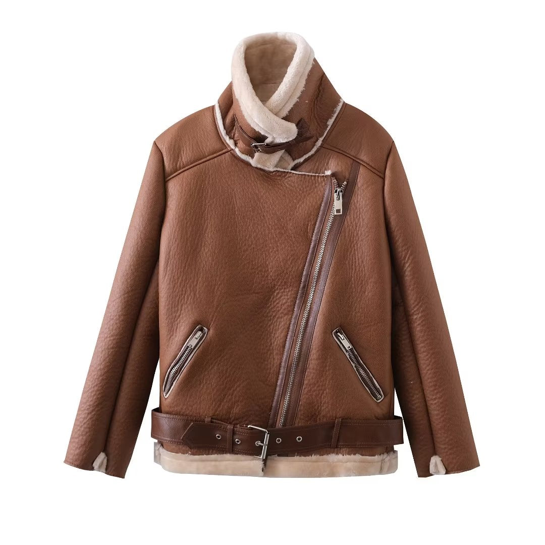 Women Clothing Loose Faux Shearling Jacket Stand Collar All Matching Long Sleeved Jacket Coat