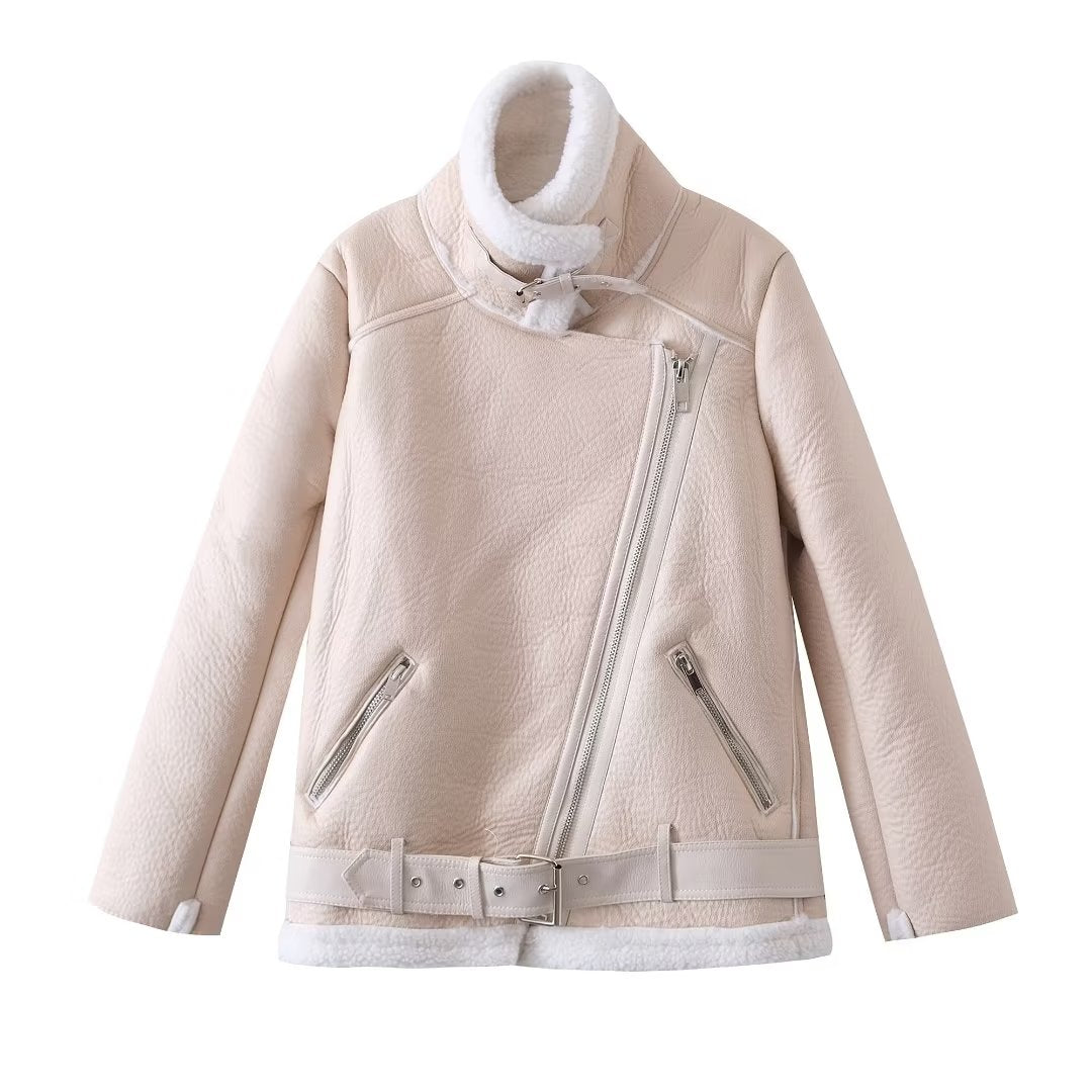 Women Clothing Loose Faux Shearling Jacket Stand Collar All Matching Long Sleeved Jacket Coat