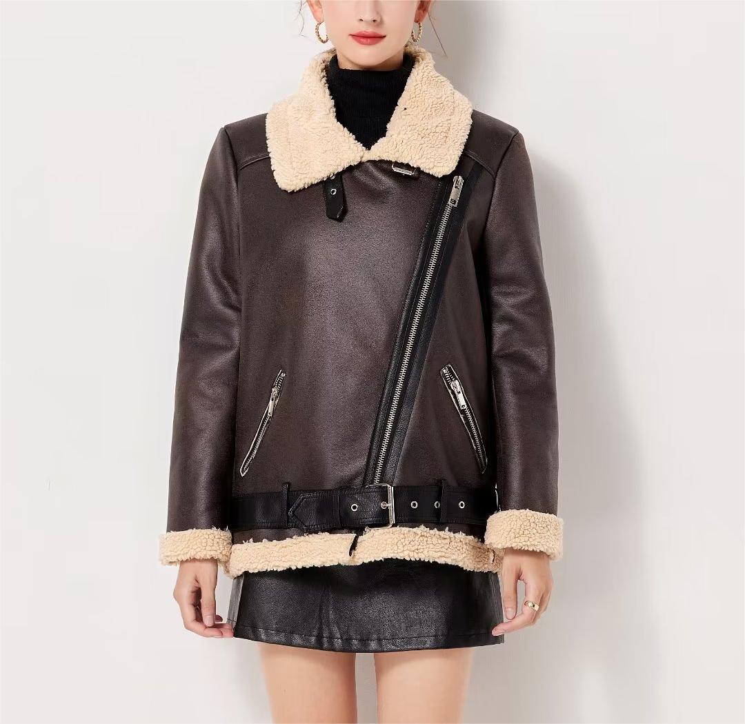 Women Clothing Large Collared Loose Locomotive Coat Lamb Fur plus Velvet Faux Shearling Jacket Jacket Women