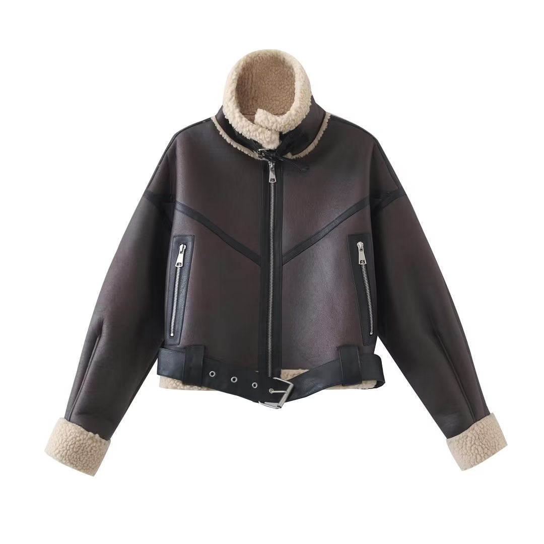 Chaqueta de imitación para otoño e invierno, ropa Sexy y fresca para mujer, chaqueta corta con cuello de calle para motocicleta