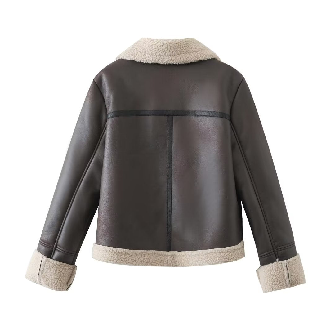 Automne hiver femmes vêtements marron courte veste en Faux cuir manteau