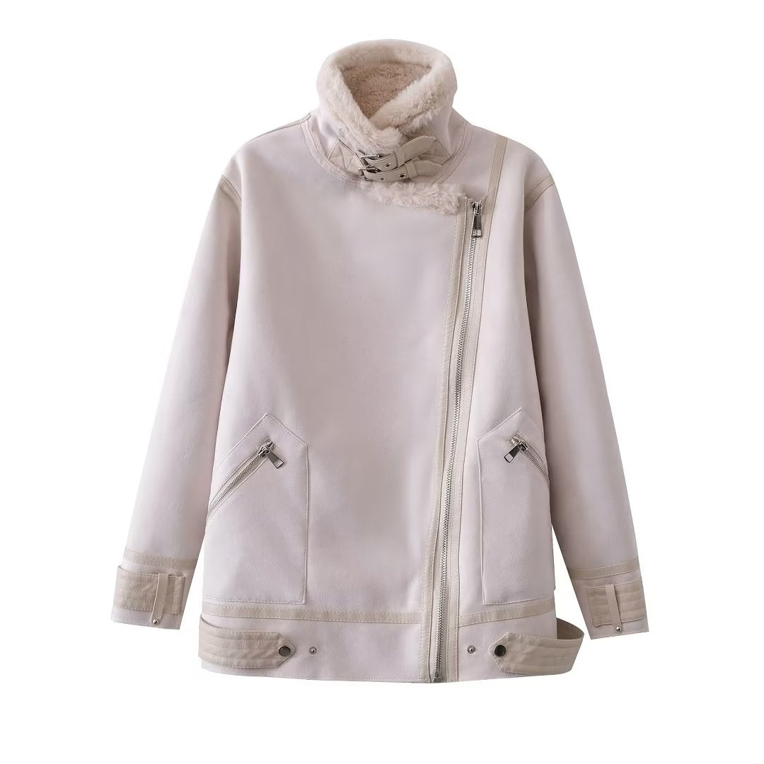 Vêtements pour femmes deuxième fourrure de lapin fermeture éclair poche décoration tout assorti à manches longues veste manteau