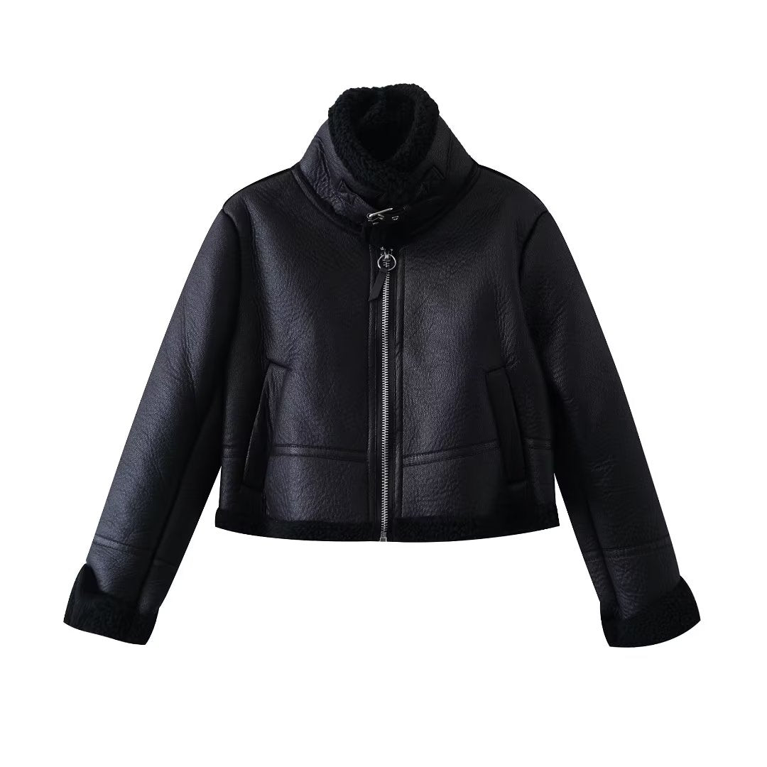 Automne hiver femmes vêtements noir tout Match col montant thermique en cuir Pull manteau court