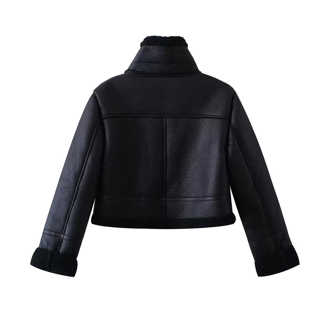 Automne hiver femmes vêtements noir tout Match col montant thermique en cuir Pull manteau court