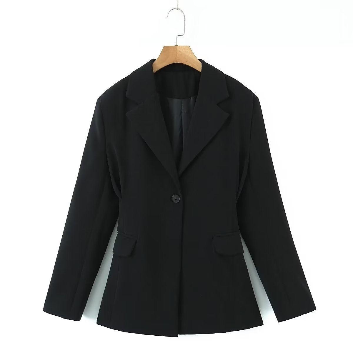 Printemps noir Blazer femmes conception col un bouton taille serré coupe ajustée chemise décontractée