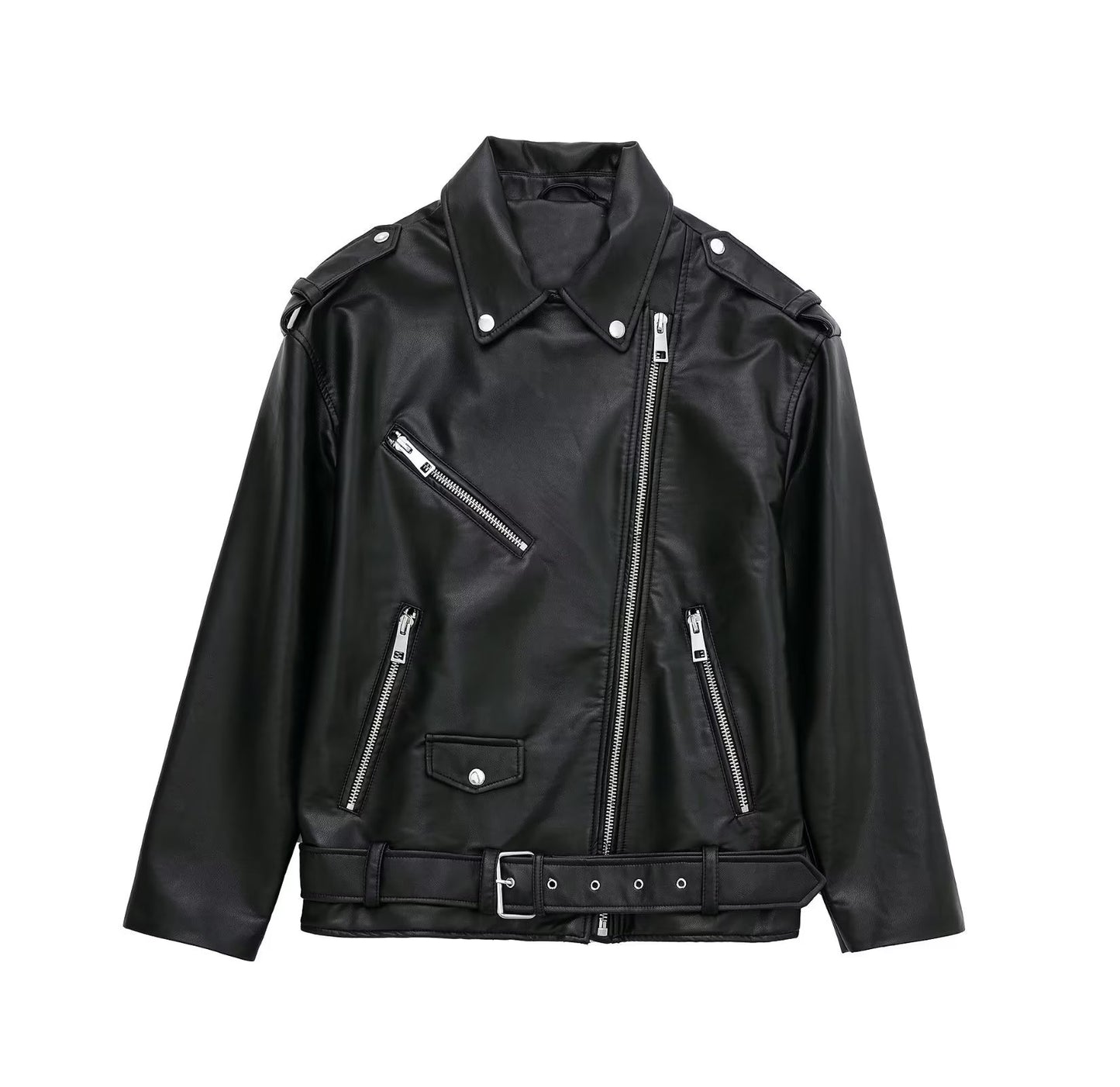 Chaqueta de cuero de imitación negra para mujer, abrigo de cuero de motocicleta con cremallera de calle, holgado, Sexy, para otoño