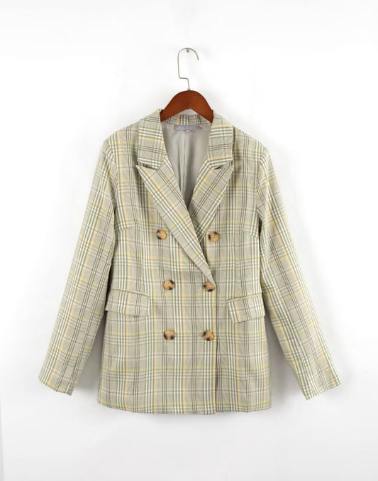 Manteau de bureau à double boutonnage à carreaux élégant et à la mode en laine peignée verte d'automne