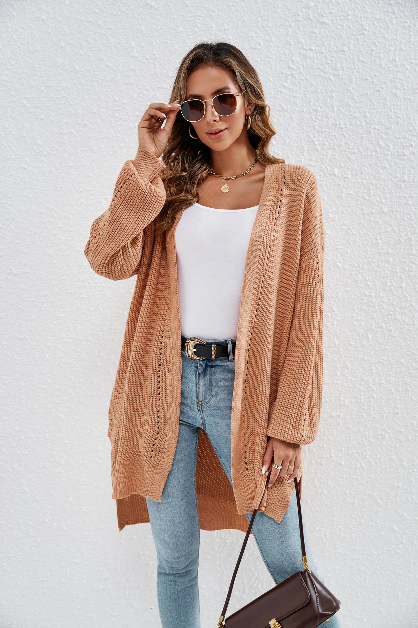 Vêtements pour femmes couleur unie pull ample manteau évider découpe extérieure assortie cardigan tricoté