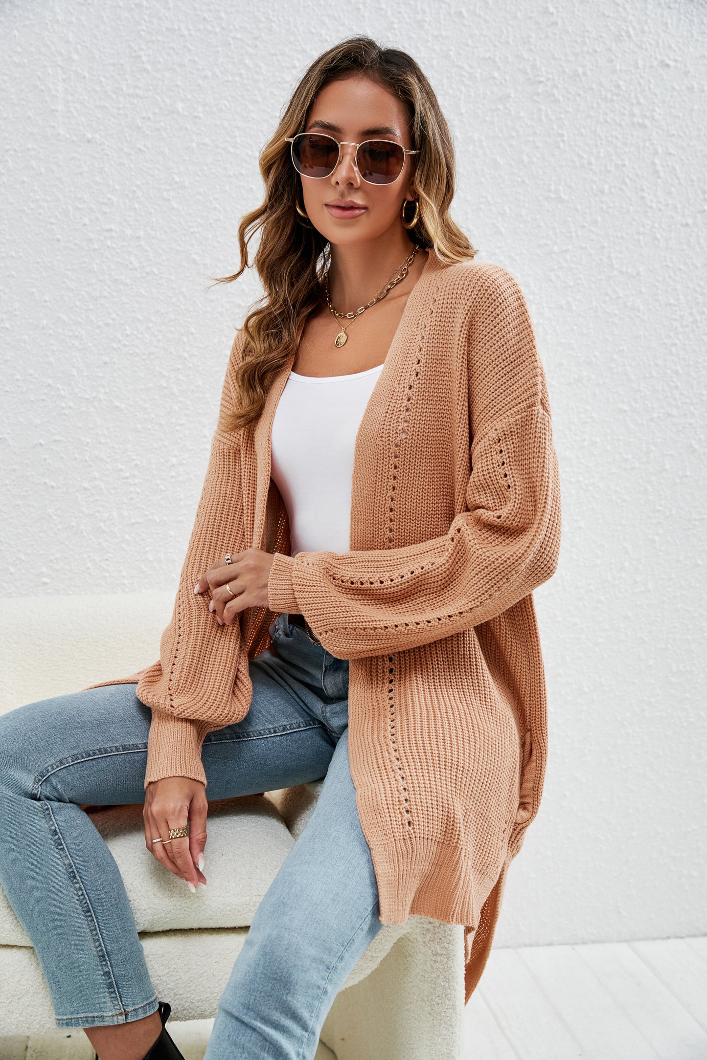 Vêtements pour femmes couleur unie pull ample manteau évider découpe extérieure assortie cardigan tricoté