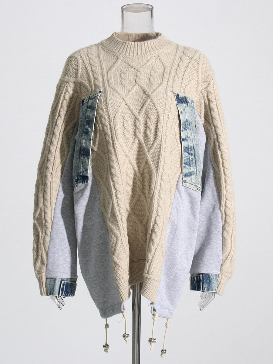 Automne couleur contraste Patchwork pull pull paresseux Simple haut basique col rond câble tricot pull femmes