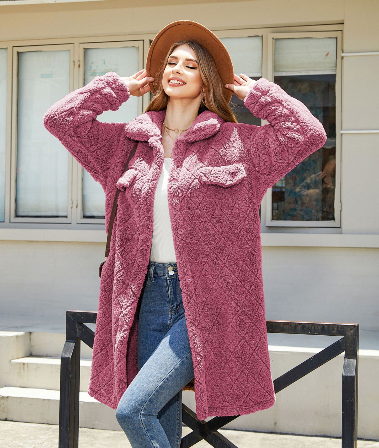 Abrigo de felpa holgado de un solo pecho con forma de diamante para mujer, ropa de otoño e invierno