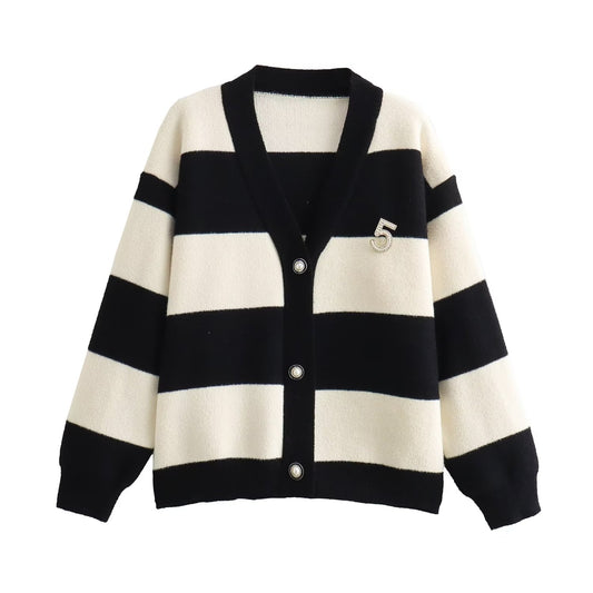 Women Clothing French Black White Wide Striped Digital Brooch V neck Knitted Cardigan Top