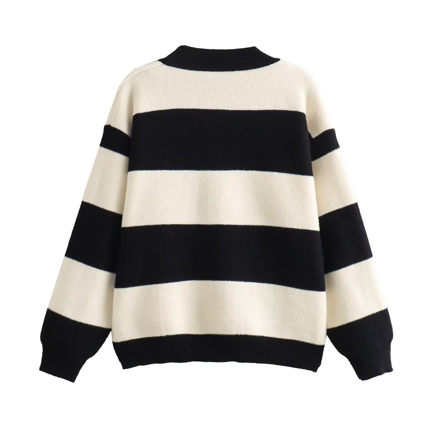 Women Clothing French Black White Wide Striped Digital Brooch V neck Knitted Cardigan Top