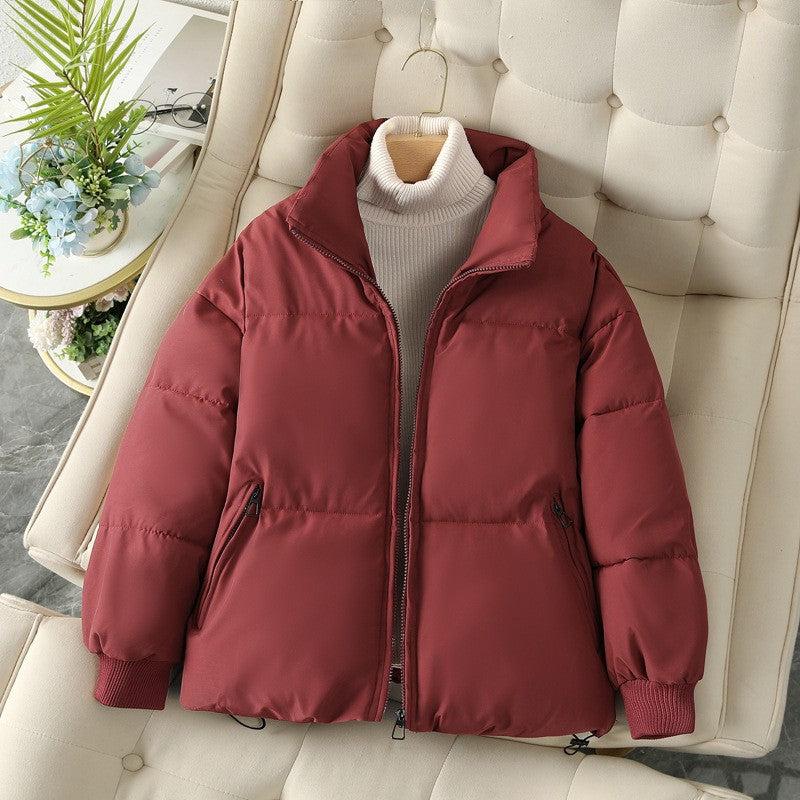 Abrigo de pan estilo Ins para mujer, chaqueta holgada y cálida con cuello levantado de Color sólido, abrigo corto informal ajustado para invierno