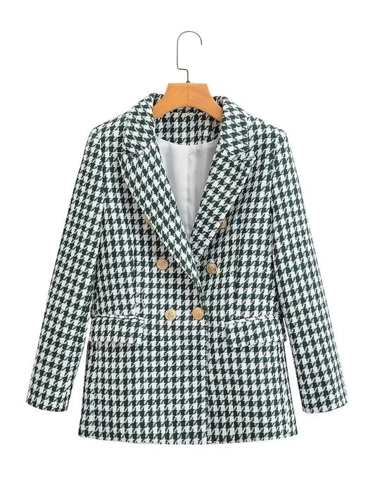 Fall Women Clothing Elegant Collar Houndstooth Double Breasted Long Sleeve Blazer