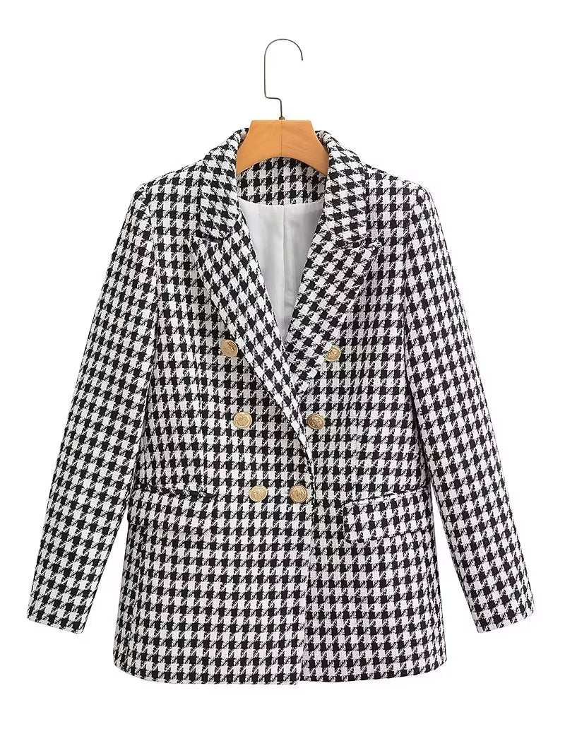 Automne femmes vêtements élégant col pied-de-poule Double boutonnage à manches longues Blazer