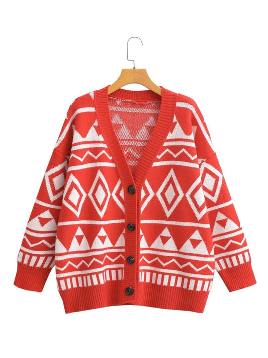 Women Autumn Winter Geometric Abstract Diamond Knitted Cardigan Lazy Loose Mid Length Sweater