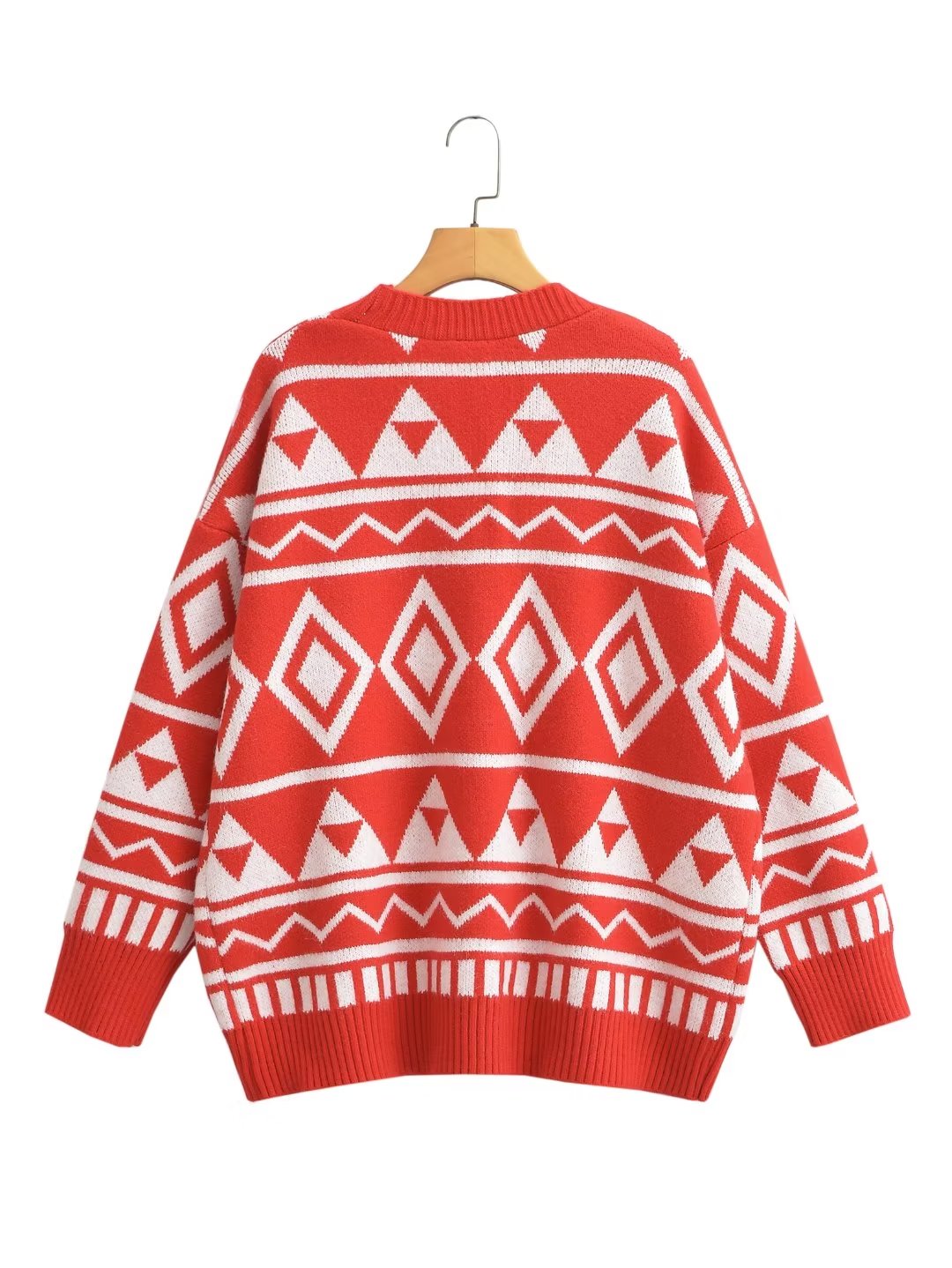 Women Autumn Winter Geometric Abstract Diamond Knitted Cardigan Lazy Loose Mid Length Sweater