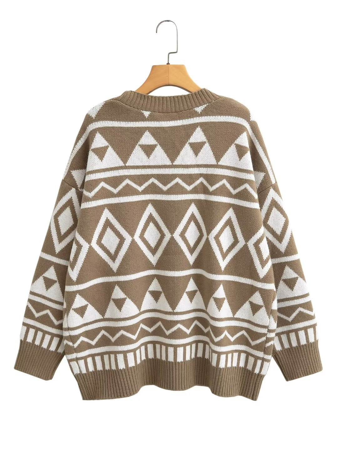 Women Autumn Winter Geometric Abstract Diamond Knitted Cardigan Lazy Loose Mid Length Sweater