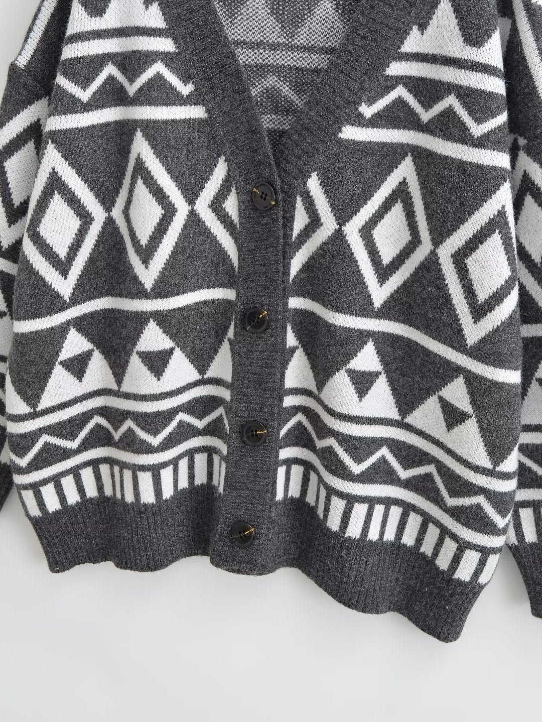 Women Autumn Winter Geometric Abstract Diamond Knitted Cardigan Lazy Loose Mid Length Sweater