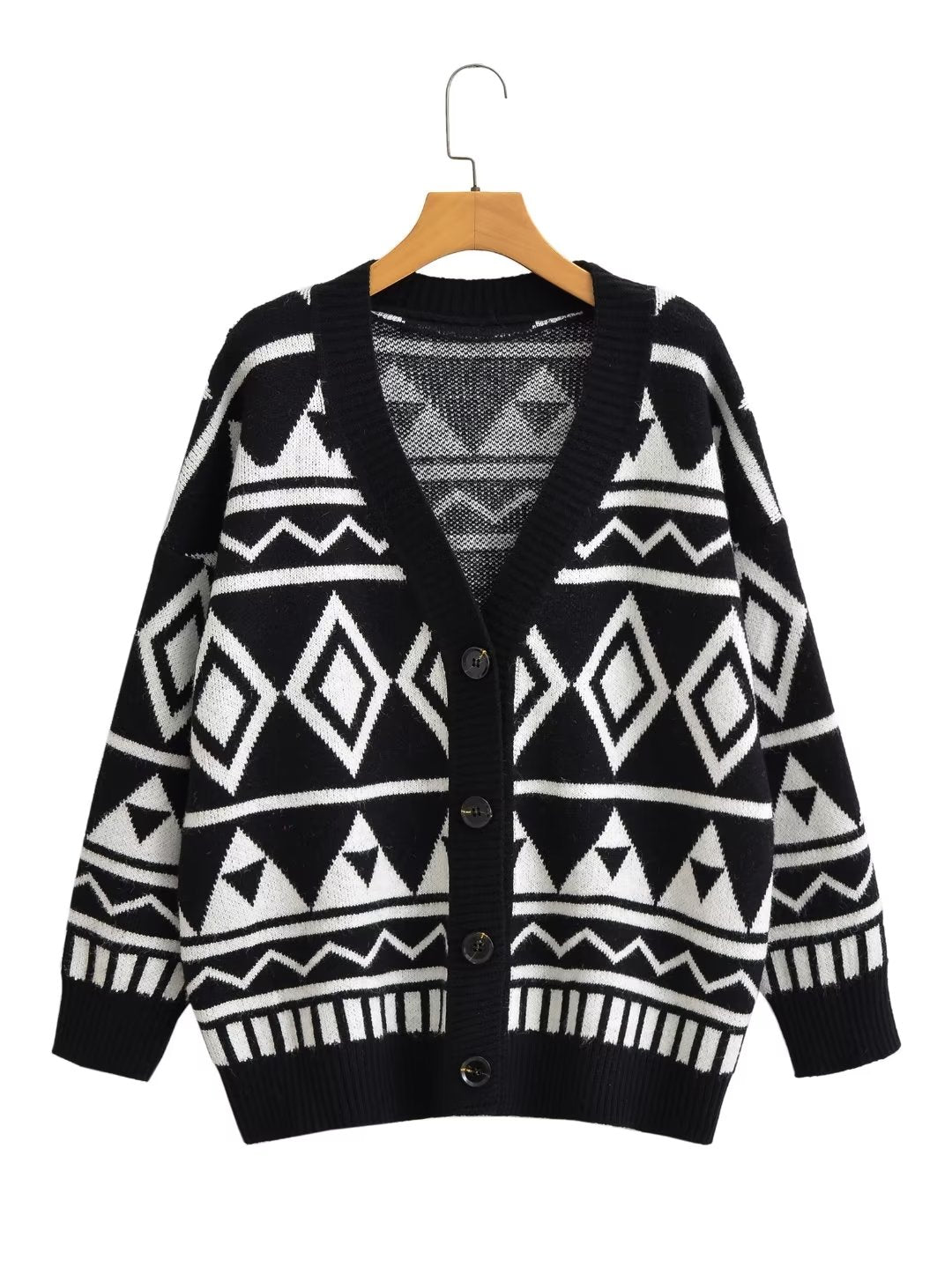 Women Autumn Winter Geometric Abstract Diamond Knitted Cardigan Lazy Loose Mid Length Sweater