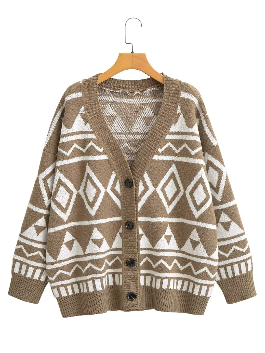 Women Autumn Winter Geometric Abstract Diamond Knitted Cardigan Lazy Loose Mid Length Sweater