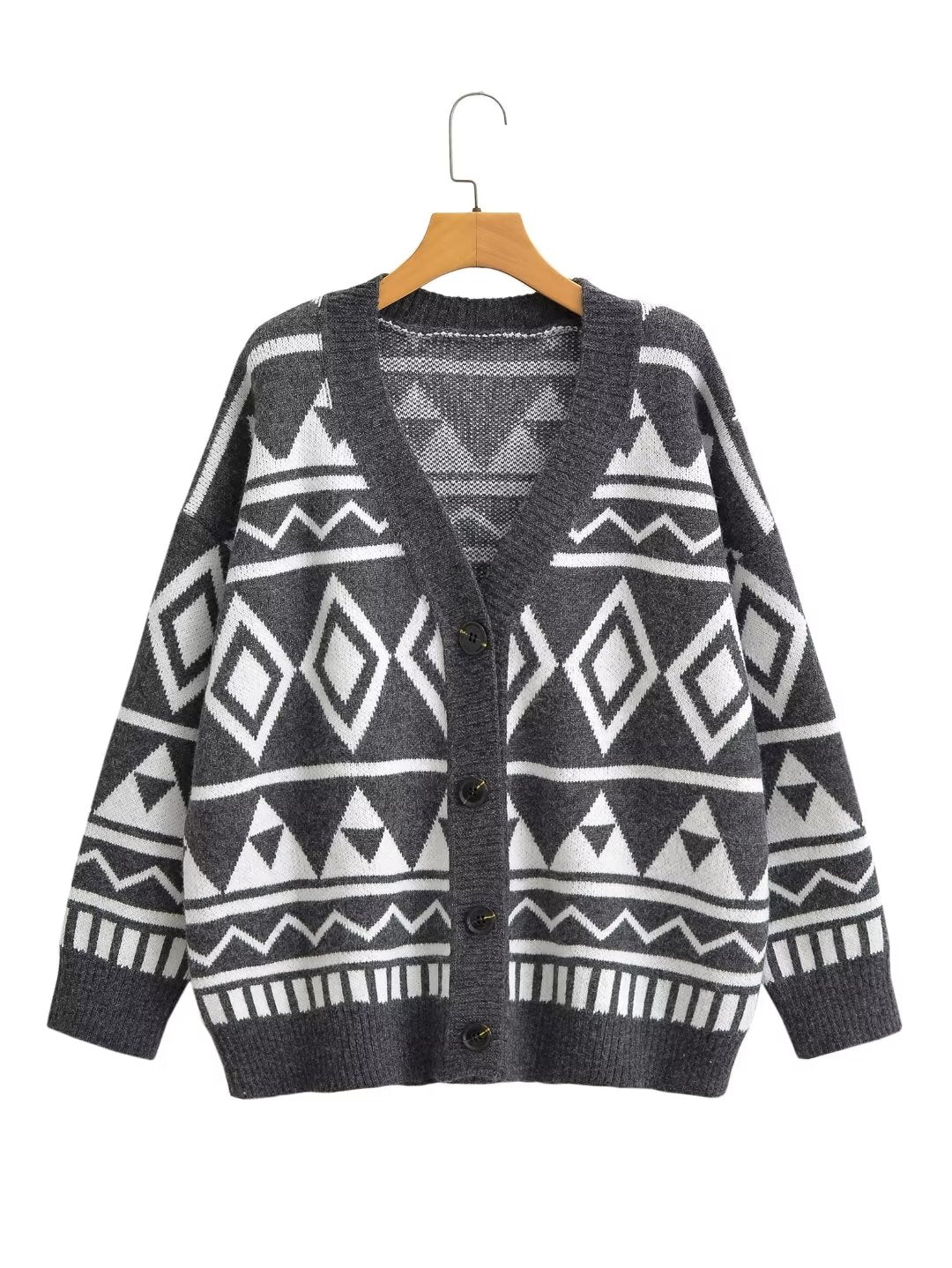 Women Autumn Winter Geometric Abstract Diamond Knitted Cardigan Lazy Loose Mid Length Sweater