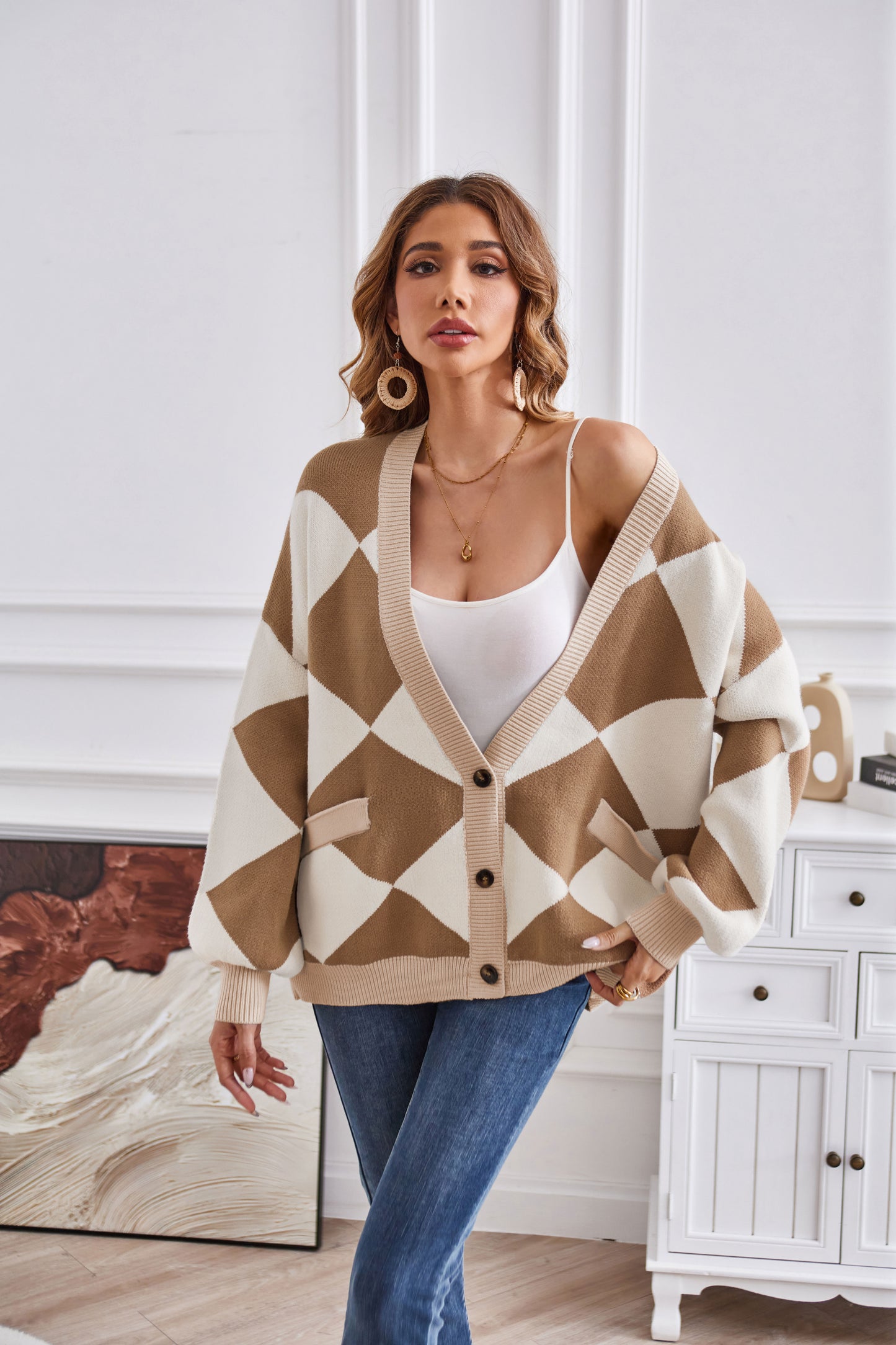 Winter V Neck Geometric Abstract Stitching Contrast Color Knitted Cardigan Casual Loose Jacket Women