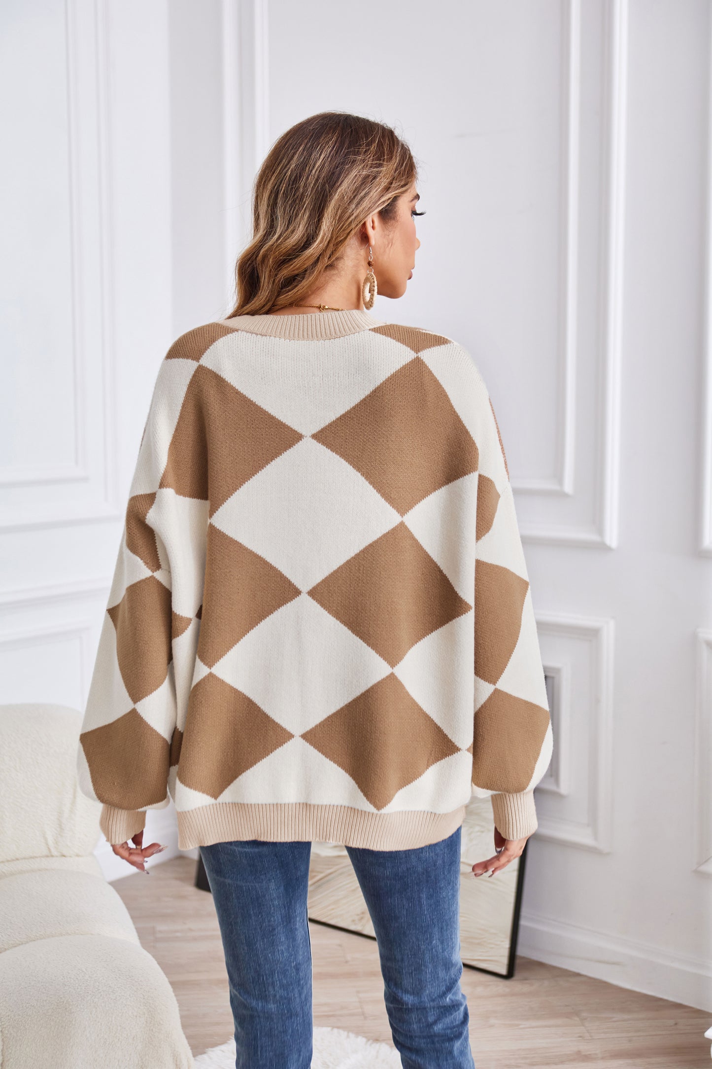 Winter V Neck Geometric Abstract Stitching Contrast Color Knitted Cardigan Casual Loose Jacket Women