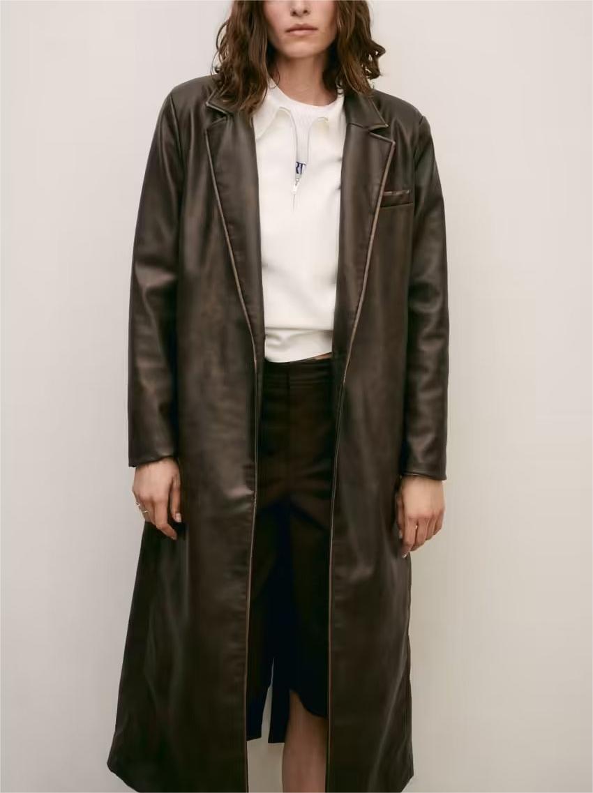 Women Clothing Leather Loose Matching Belt Long Trench Coat