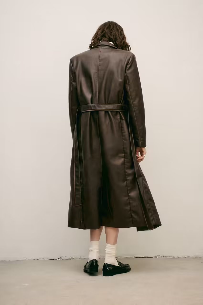 Women Clothing Leather Loose Matching Belt Long Trench Coat