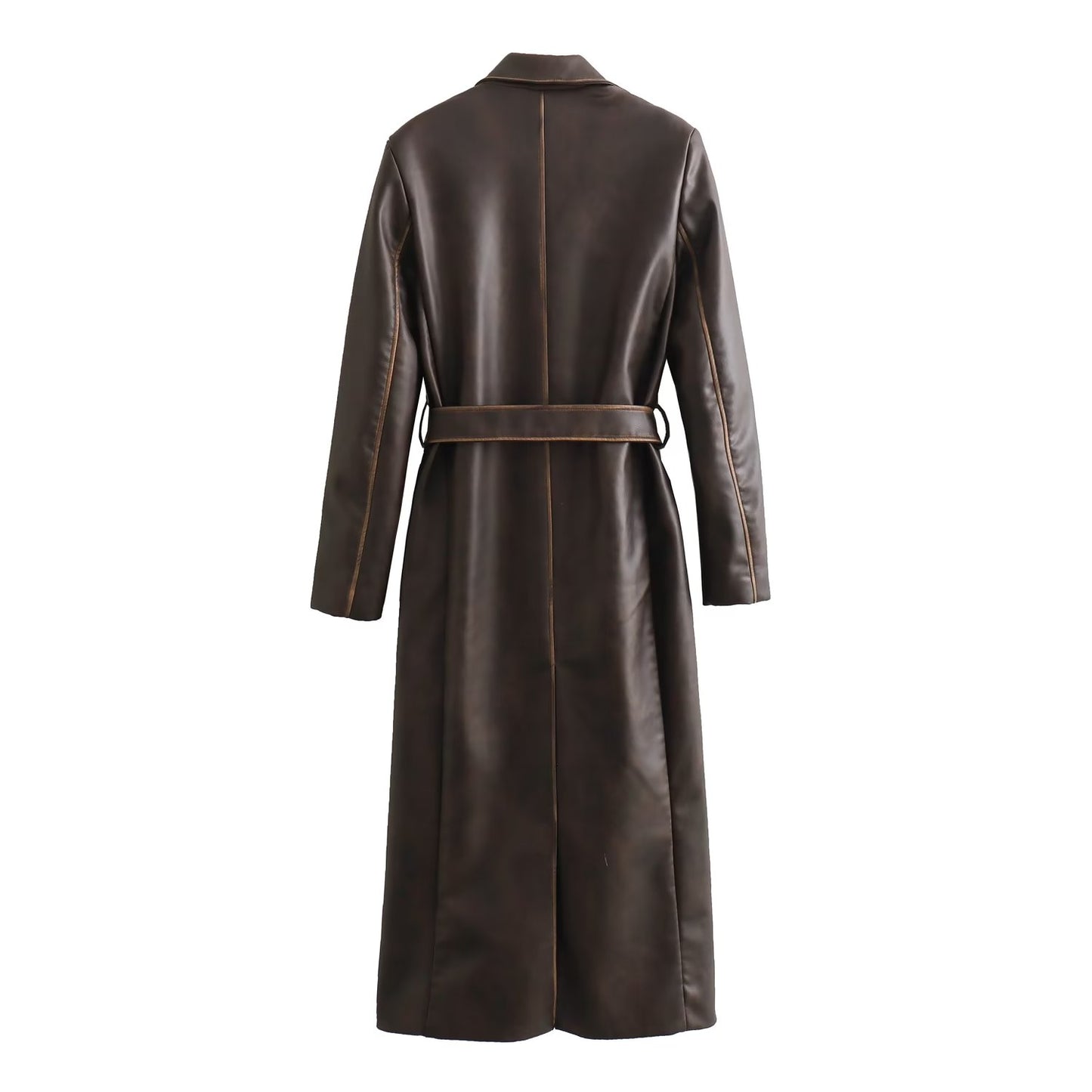 Women Clothing Leather Loose Matching Belt Long Trench Coat