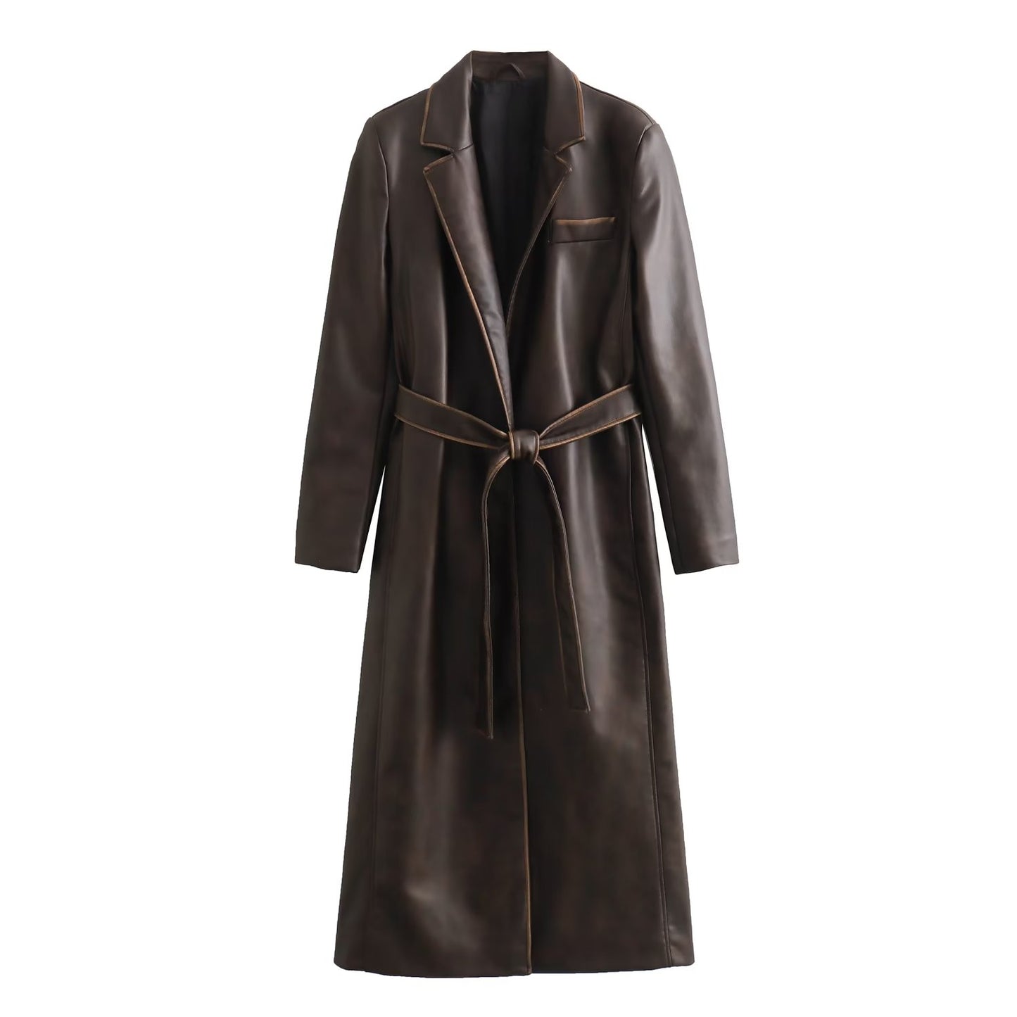 Women Clothing Leather Loose Matching Belt Long Trench Coat