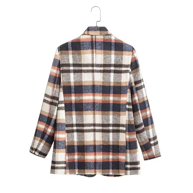 Fall Women Clothing All Match Woolen Plaid Long Sleeve Blazer