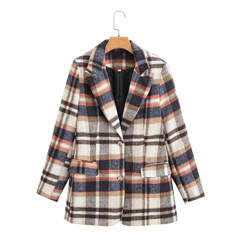 Fall Women Clothing All Match Woolen Plaid Long Sleeve Blazer