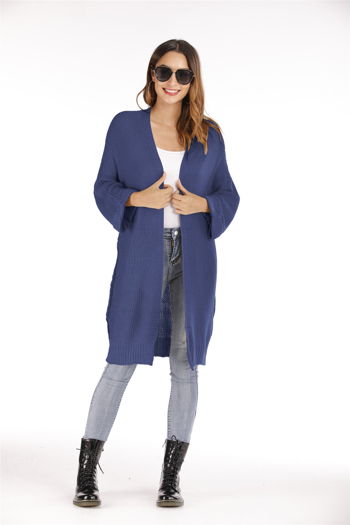 Automne Hiver Grande Taille Femmes Manteau Mi-Long Couleur Unie Tricoté Cardigan Pull Femmes