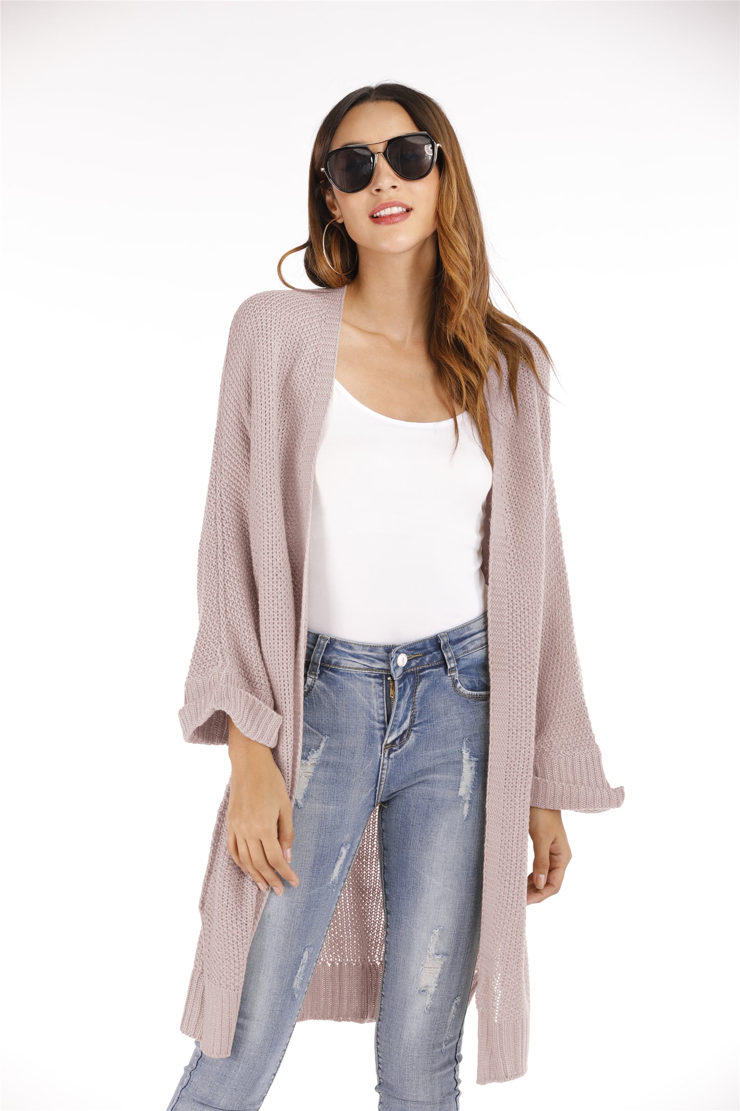 Automne Hiver Grande Taille Femmes Manteau Mi-Long Couleur Unie Tricoté Cardigan Pull Femmes