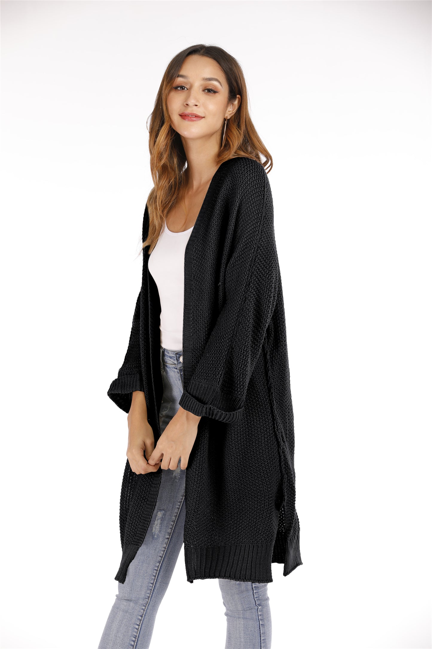 Automne Hiver Grande Taille Femmes Manteau Mi-Long Couleur Unie Tricoté Cardigan Pull Femmes