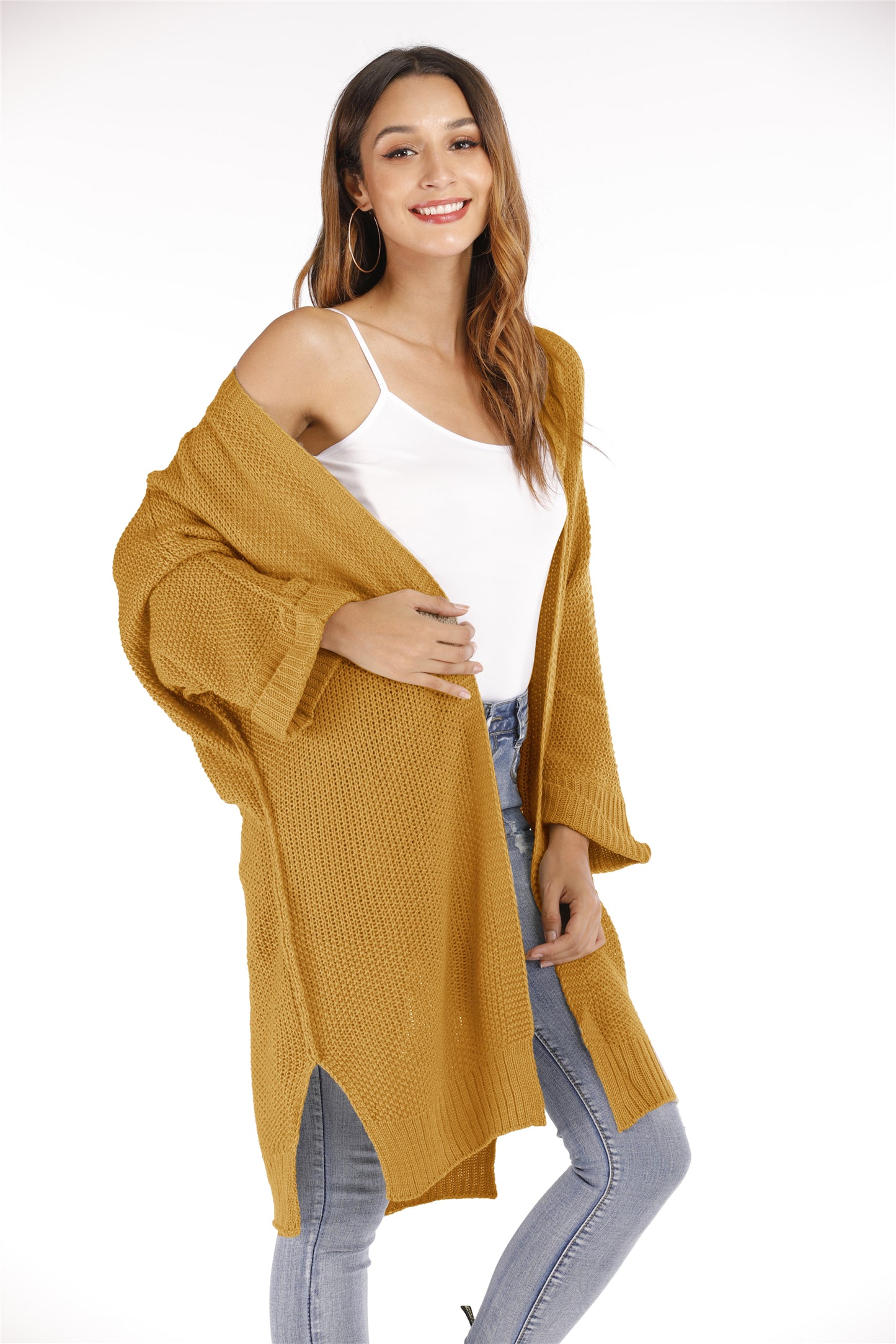 Automne Hiver Grande Taille Femmes Manteau Mi-Long Couleur Unie Tricoté Cardigan Pull Femmes