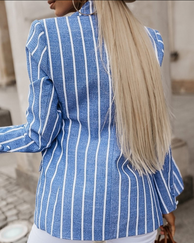 Women Long Sleeve Striped Print Collar Coat