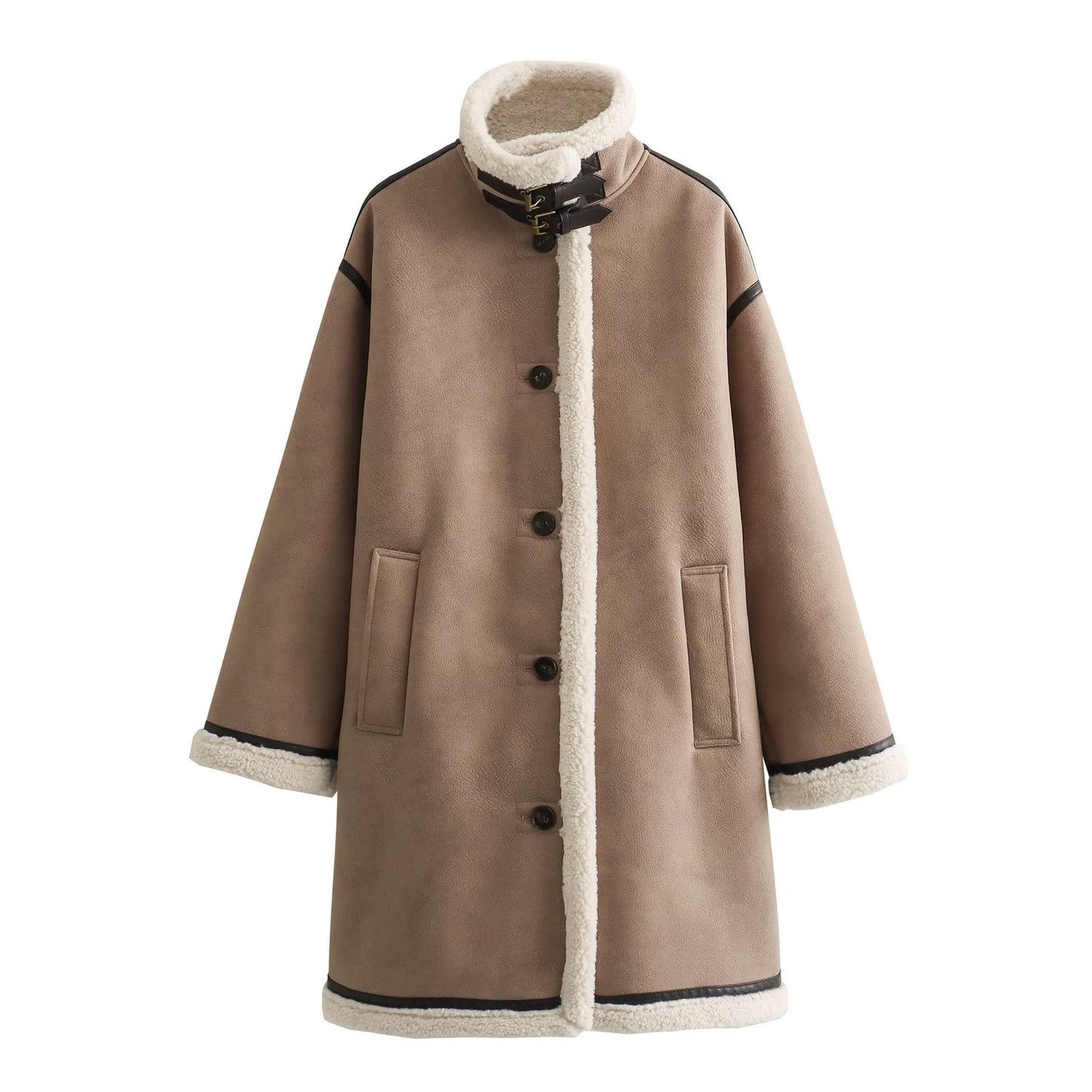 Women Clothing Winter Stand Collar Faux Shearling Jacket Fleece Warm Long Overcoat Outerwear