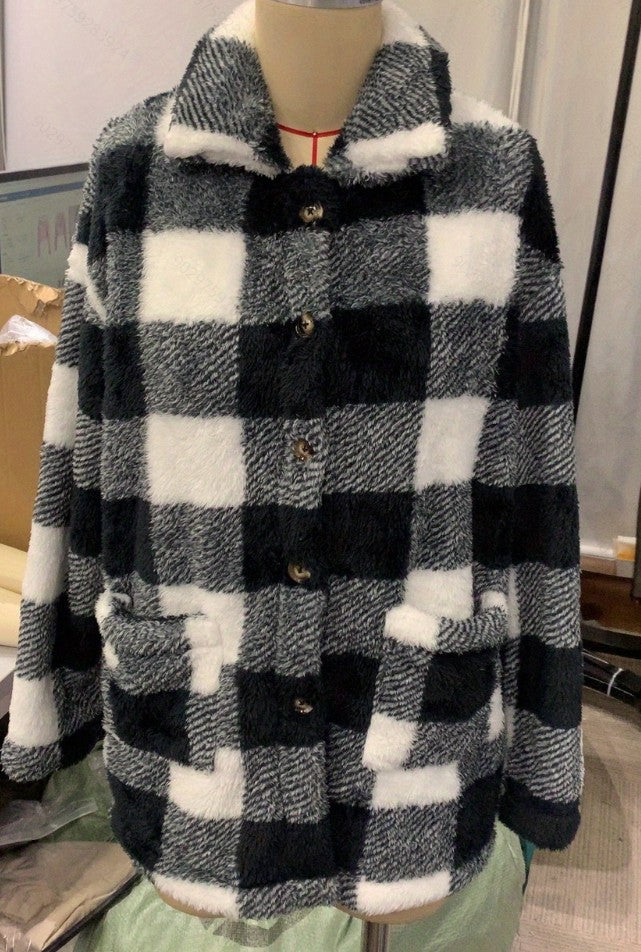 Women Tops Autumn Winter Women Square Plaid Collared Flannel Coat