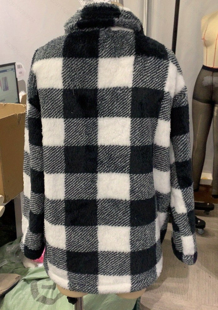 Women Tops Autumn Winter Women Square Plaid Collared Flannel Coat