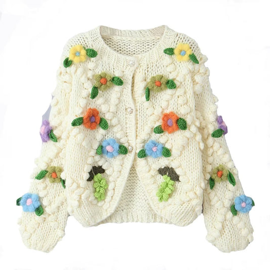 Sweet Girl Handmade Floral Sweater Autumn Loose Lazy Sweater Niche Cardigan Coat