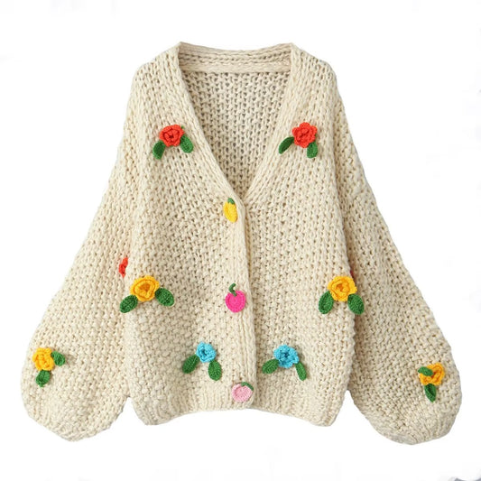 Sweet Gentle Handmade Colorful Floral Sweater Autumn Loose Lazy Top Western Youthful Looking Cardigan Coat