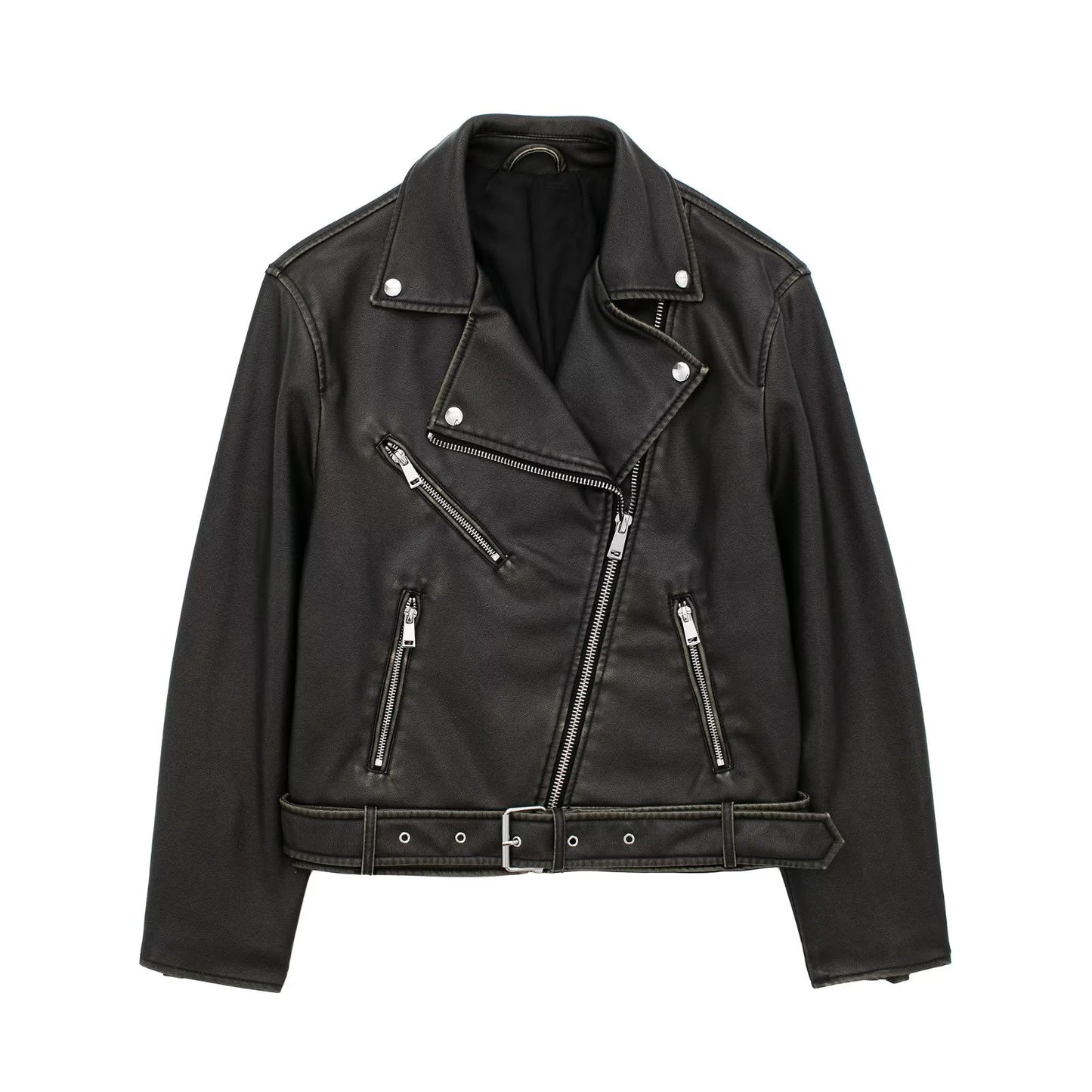 Women All Match Solid Color Zipper Ornament Long Sleeve Washed Faux Leather Motorcycle Jacket