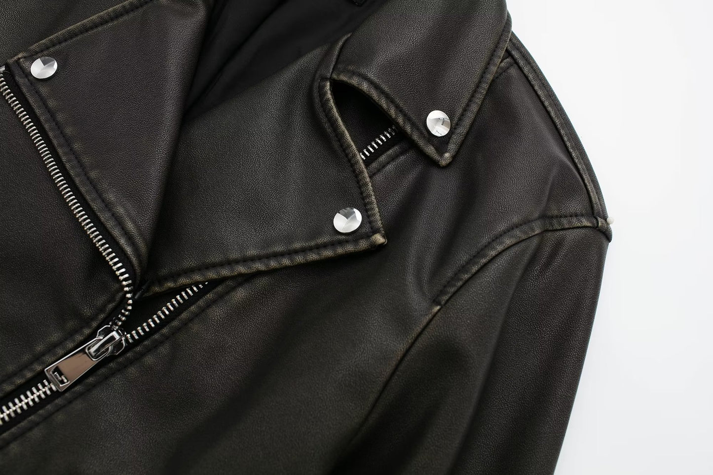 Women All Match Solid Color Zipper Ornament Long Sleeve Washed Faux Leather Motorcycle Jacket